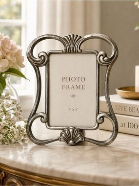 Vintage Fetco International Pewter Cast Metal Scroll Shell Picture Frame 4.5x6.5